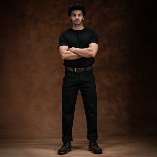 Five Pocket Double Black 14 Oz Selvedge Denim For Men (Slim Straight)