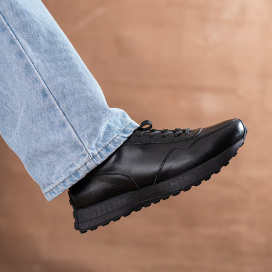 Old Skool Retro Leather Sneakers (Raven Black With Black Sole)