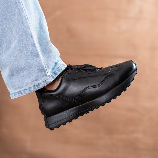 Classic Retro Leather Sneakers (Raven Black With Black Sole)