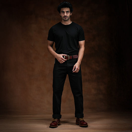 Five Pocket Double Black 14 Oz Selvedge Denim For Men (True Straight)