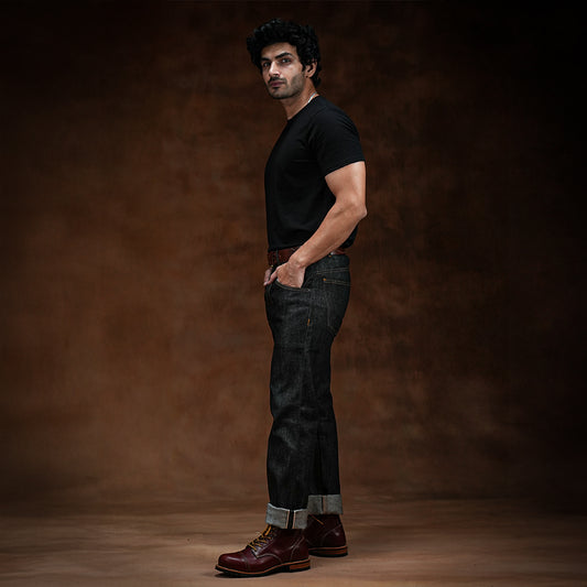 Five Pocket Ghost Black 13 Oz Selvedge Denim For Men (Slim Straight)