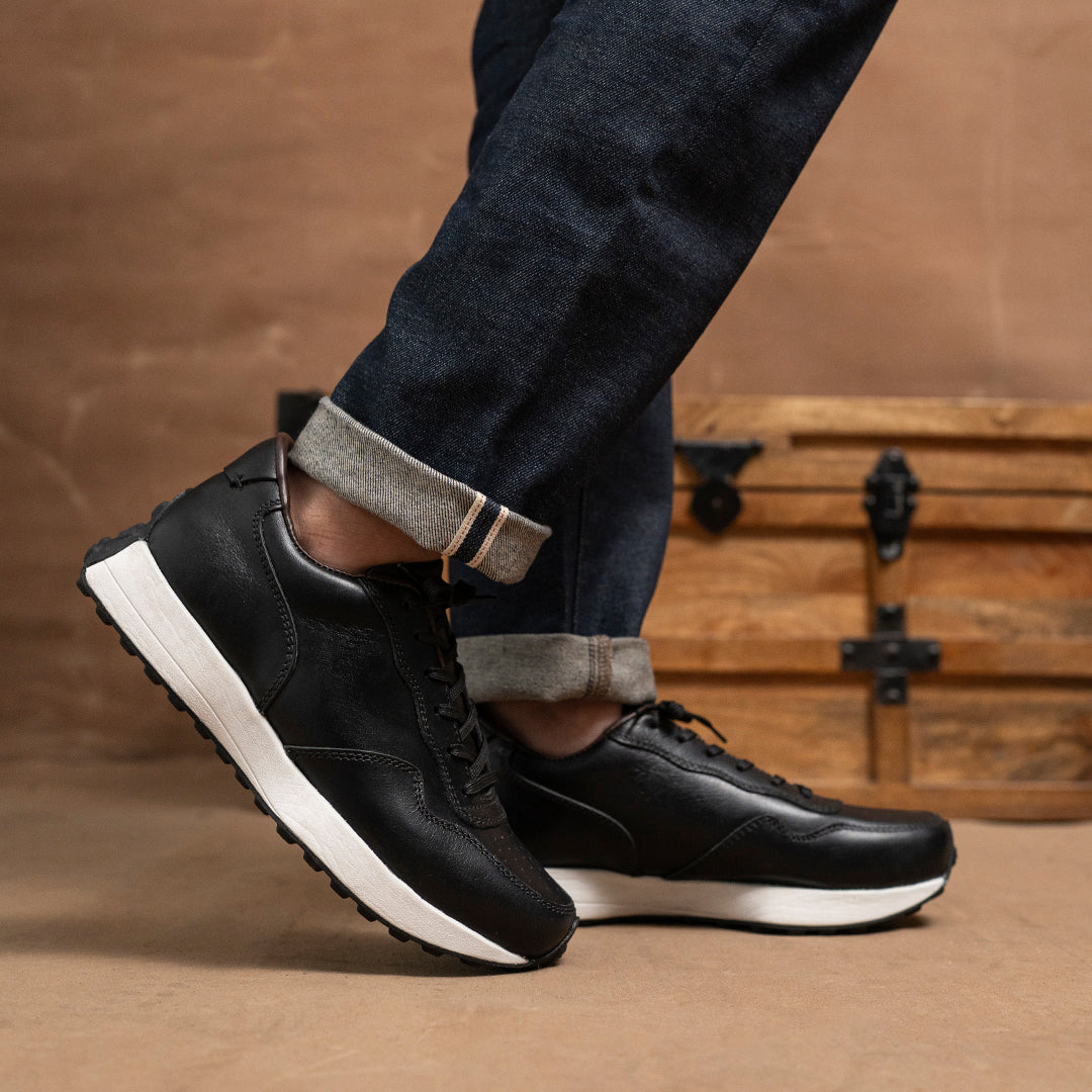 Old Skool Retro Leather Sneakers (Raven Black With White Sole)