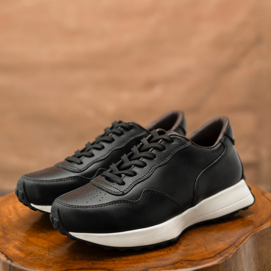 Old Skool Retro Leather Sneakers (Raven Black With White Sole)