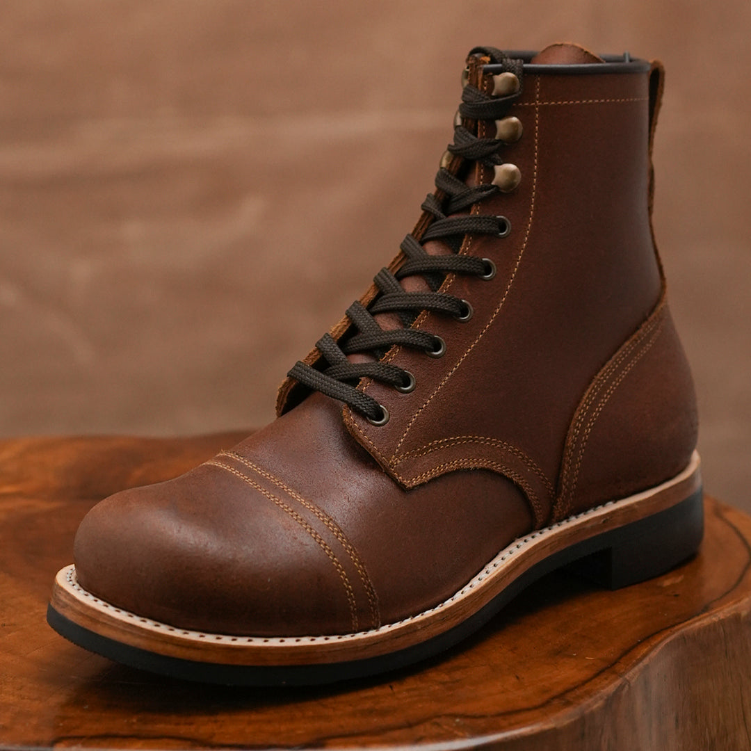 The Brandon Cap Toe Boots (Russet Waxed Roughout) (Munson Last - Goodyear Welted)