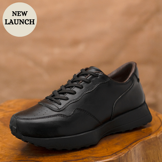 Classic Retro Leather Sneakers (Raven Black With Black Sole)