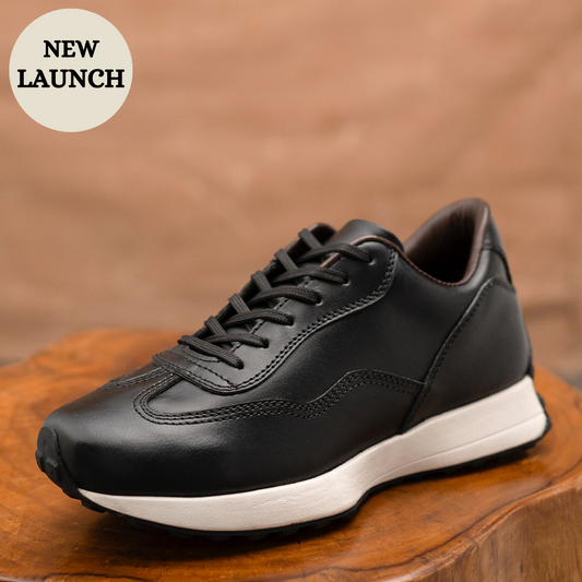 Classic Retro Leather Sneakers (Raven Black With White Sole)