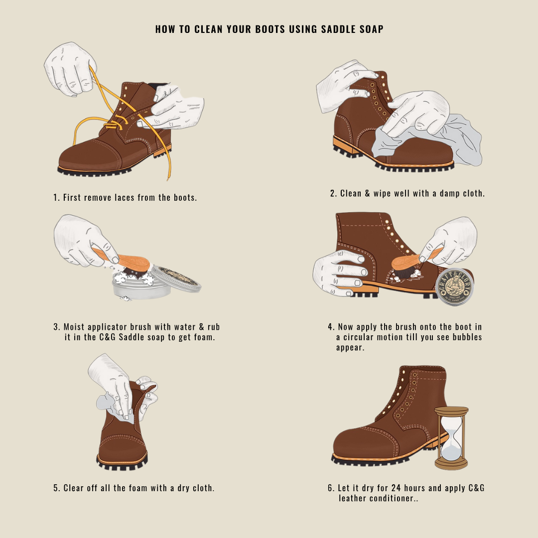 Cleaning boots with saddle soap shop