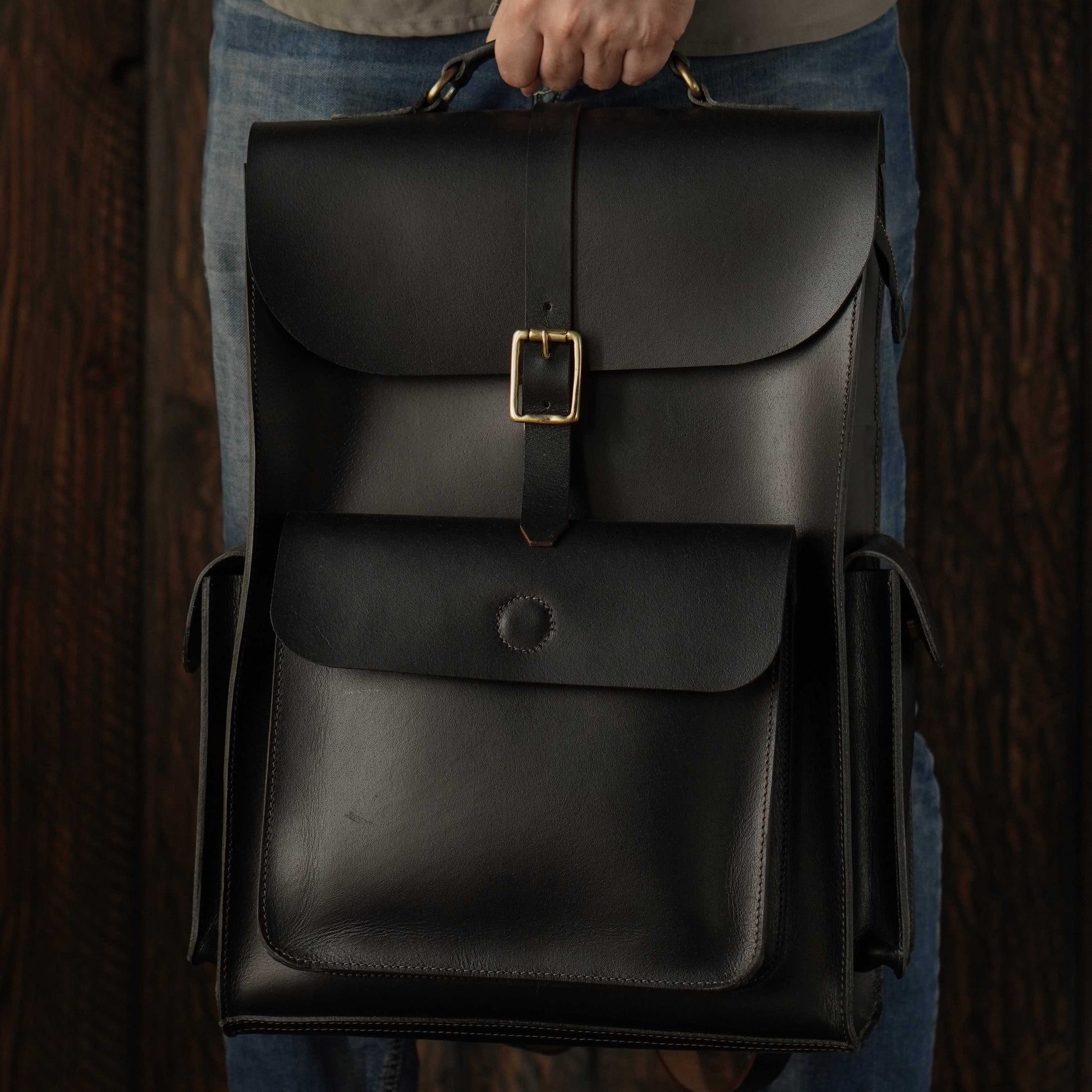 black backpack with brown leather straps Heritage Backpack (Raven Black)